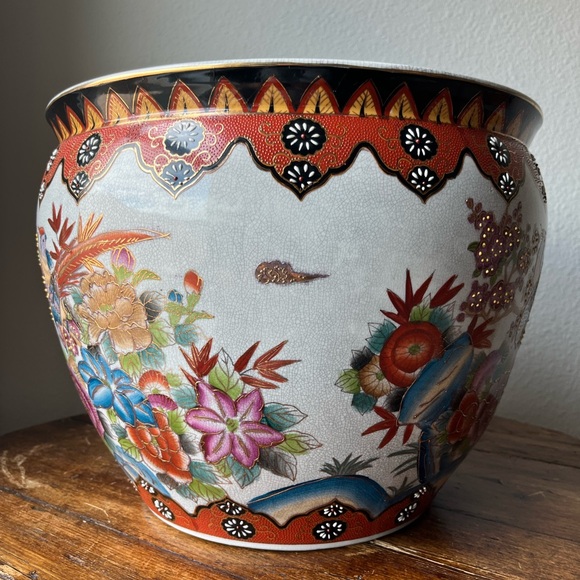 Vintage Chinoiserie Large Porcelain Koi Fish Planter Bowl Cachepot - Picture 5 of 11